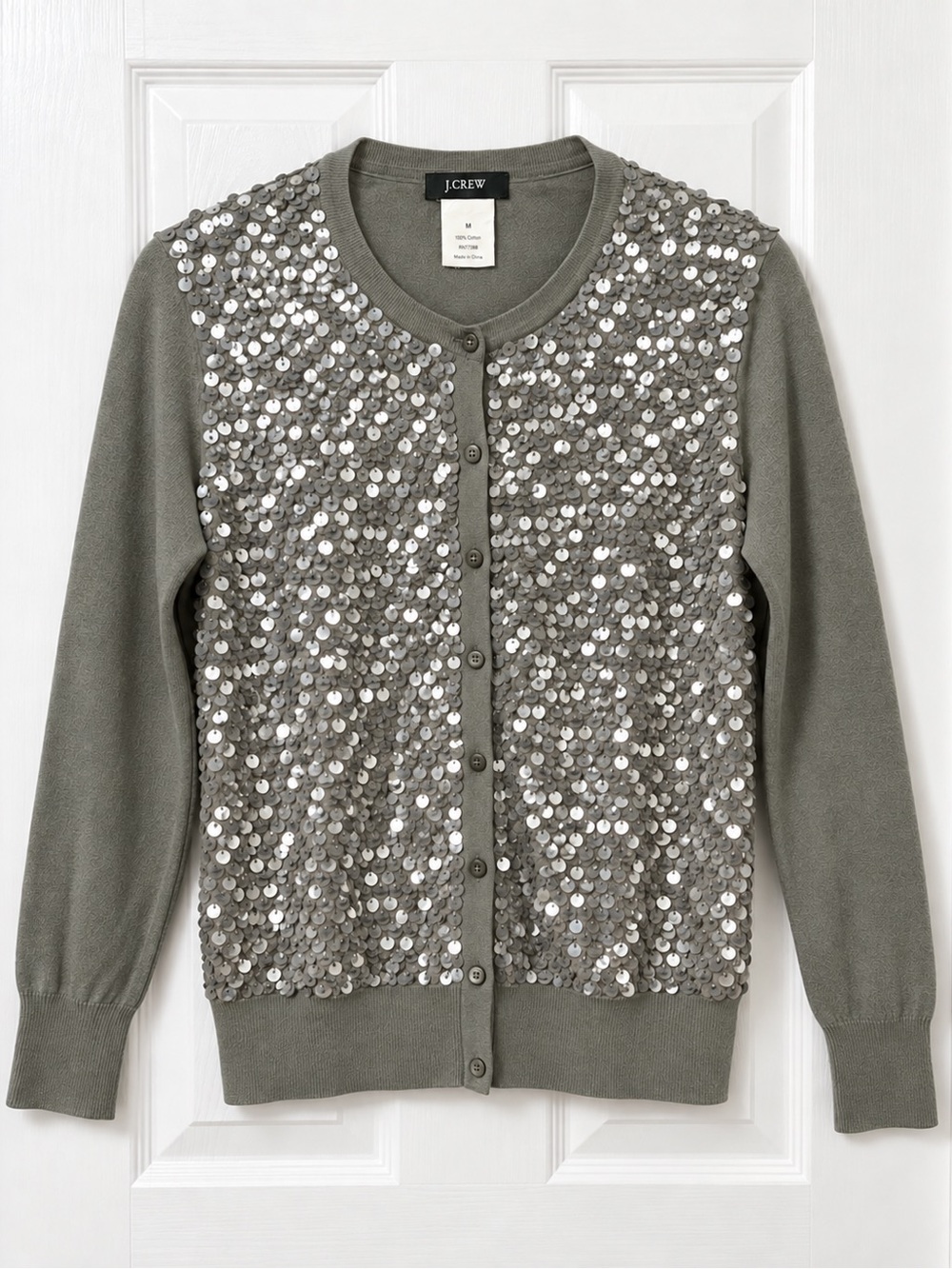 J.Crew Olive Gray Sequin Cardigan Sweater Women’s Size M 100% Cotton